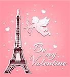 Valentine's day greeting card with paper cupid and Eiffel Tower on a pink background