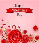 Decorative greeting card for Valentine's day with red rose and petals on a pink background.