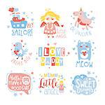 Baby Nursery Room Print Design Templates Set In Cute Girly Manner With Text Messages. Vector Labels With Quotes Series Of Childish Posters For Toddler.