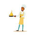 Man Professional Cooking Chef Working In Restaurant Wearing Classic Traditional Uniform With Burning Frying Pan Cartoon Character Illustration