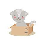Little Girly Cute Kitten Sitting In Cardboard Box, Cartoon Pet Character Life Situation Illustration. Cat Humanized Baby Animal And Its Activity Emoji Flat Vector Drawing