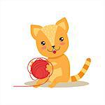 Red Little Girly Cute Kitten Playing With Clew Ball, Cartoon Pet Character Life Situation Illustration. Cat Humanized Baby Animal And Its Activity Emoji Flat Vector Drawing