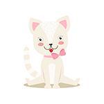 White Little Girly Cute Kitten With Bow Necklace, Cartoon Pet Character Life Situation Illustration. Cat Humanized Baby Animal And Its Activity Emoji Flat Vector Drawing