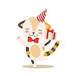 Dancing Little Girly Cute Kitten With Birthday Present Wearing A Party Hat, Cartoon Pet Character Life Situation Illustration. Cat Humanized Baby Animal And Its Activity Emoji Flat Vector Drawing