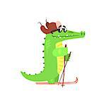 Crocodile Skiing In Cap With Ear Flaps, Humanized Green Reptile Animal Character Every Day Activity, Part Of Flat Bright Color Isolated Funny Alligator In Different Situation Series Of Illustrations