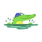 Crocodile Swimming In Pool With Rubber Hat, Humanized Green Reptile Animal Character Every Day Activity, Part Of Flat Bright Color Isolated Funny Alligator In Different Situation Series Of Illustrations