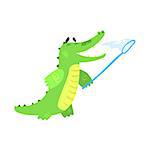 Crocodile Catching Butterflies With Net, Humanized Green Reptile Animal Character Every Day Activity, Part Of Flat Bright Color Isolated Funny Alligator In Different Situation Series Of Illustrations