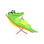 Crocodile Sunbathing On Sunbed With Cocktail, Humanized Green Reptile Animal Character Every Day Activity, Part Of Flat Bright Color Isolated Funny Alligator In Different Situation Series Of Illustrations