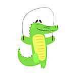 Crocodile Jumping Skipping Rope, Humanized Green Reptile Animal Character Every Day Activity, Part Of Flat Bright Color Isolated Funny Alligator In Different Situation Series Of Illustrations