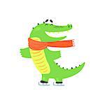 Crocodile Ice Skating, Humanized Green Reptile Animal Character Every Day Activity, Part Of Flat Bright Color Isolated Funny Alligator In Different Situation Series Of Illustrations