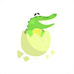 Crocodile Baby Hatching From Egg, Humanized Green Reptile Animal Character Every Day Activity, Part Of Flat Bright Color Isolated Funny Alligator In Different Situation Series Of Illustrations