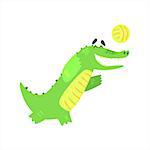 Crocodile Playing Volleyball, Humanized Green Reptile Animal Character Every Day Activity, Part Of Flat Bright Color Isolated Funny Alligator In Different Situation Series Of Illustrations