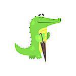 Crocodile Walkig With Closed Umbrella, Humanized Green Reptile Animal Character Every Day Activity, Part Of Flat Bright Color Isolated Funny Alligator In Different Situation Series Of Illustrations