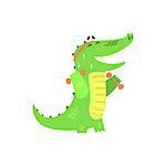 Crocodile With Dumbbells Exercising In Gym, Humanized Green Reptile Animal Character Every Day Activity, Part Of Flat Bright Color Isolated Funny Alligator In Different Situation Series Of Illustrations