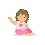 Girl In Pink Pants Waving,, Adorable Smiling Baby Cartoon Character Every Day Situation. Part Of Cute Infants And Toddlers Vector Illustration Series