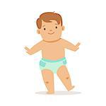 Boy In Nappy Doing First Steps, Adorable Smiling Baby Cartoon Character Every Day Situation. Part Of Cute Infants And Toddlers Vector Illustration Series