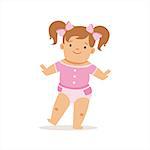 Girl With Ponytails Making First Steps, Adorable Smiling Baby Cartoon Character Every Day Situation. Part Of Cute Infants And Toddlers Vector Illustration Series