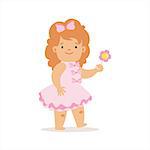Girl In Pink Dress Walking With Flower, Adorable Smiling Baby Cartoon Character Every Day Situation. Part Of Cute Infants And Toddlers Vector Illustration Series