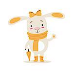 Little Girly Cute White Pet Bunny In Orange Autumn Clothes With Umbrella, Cartoon Character Life Situation Illustration. Humanized Rabbit Baby Animal And Its Activity Emoji Flat Vector Drawing