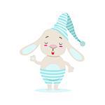 Little Girly Cute White Pet Bunny In Stripy Blue Night Hat, Cartoon Character Life Situation Illustration. Humanized Rabbit Baby Animal And Its Activity Emoji Flat Vector Drawing