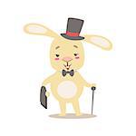 Little Girly Cute White Pet Bunny In Gentleman Costume With Top Hat, Cartoon Character Life Situation Illustration. Humanized Rabbit Baby Animal And Its Activity Emoji Flat Vector Drawing