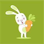 Little Girly Cute White Pet Bunny With Giant Carrot, Cartoon Character Life Situation Illustration. Humanized Rabbit Baby Animal And Its Activity Emoji Flat Vector Drawing