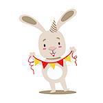 Little Girly Cute White Pet Bunny With Birthday Paper Garland On A String, Cartoon Character Life Situation Illustration. Humanized Rabbit Baby Animal And Its Activity Emoji Flat Vector Drawing