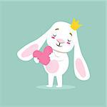 Little Girly Cute White Pet Bunny In Princess Crown Holding A Pink Heart, Cartoon Character Life Situation Illustration. Humanized Rabbit Baby Animal And Its Activity Emoji Flat Vector Drawing