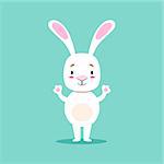 Little Girly Cute White Pet Bunny Cartoon Character Life Situation Illustration. Humanized Rabbit Baby Animal And Its Activity Emoji Flat Vector Drawing