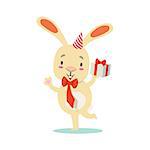 Little Girly Cute White Pet Bunny With Birthday Present Wearing Party Hat, Cartoon Character Life Situation Illustration. Humanized Rabbit Baby Animal And Its Activity Emoji Flat Vector Drawing
