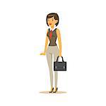 Businesswoman With Suitcase, Business Office Employee In Official Dress Code Clothing Busy At Work Smiling Cartoon Characters. Part Of Marketing And Management Series Of Vector Illustrations.