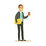 Businessman With Coffee And Papers, Business Office Employee In Official Dress Code Clothing Busy At Work Smiling Cartoon Characters. Part Of Marketing And Management Series Of Vector Illustrations.