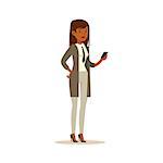 Businesswoman Checking The Phone, Business Office Employee In Official Dress Code Clothing Busy At Work Smiling Cartoon Characters. Part Of Marketing And Management Series Of Vector Illustrations.