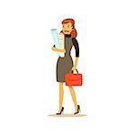 Businesswoman With Headset, Business Office Employee In Official Dress Code Clothing Busy At Work Smiling Cartoon Characters. Part Of Marketing And Management Series Of Vector Illustrations.