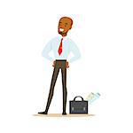 Manager With Suitcase And Project Papers, Business Office Employee In Official Dress Code Clothing Busy At Work Smiling Cartoon Characters. Part Of Marketing And Management Series Of Vector Illustrations.