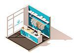 Vector isometric low poly commercial laundry cutaway icon. Includes drycleaners interior, help desk and stand with clean laundry