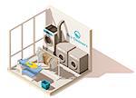 Vector isometric low poly commercial laundry cutaway icon. Includes dry cleaners washing machines, dryer, ironing board