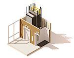 Vector isometric low poly elevator cutaway icon. Includes building hallway interior and elevator cross-section