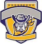 Illustration of a bulldog sheriff cowboy head facing front set inside shield crest with with stars and banner in the background.