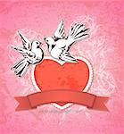 Vintage hand drawn Valentine card with two white doves and red heart on a pink background