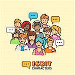 A group of young adult characters in 16-bit graphics. Vector illustration