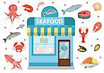 Seafood icons set with seafood shop building, fish, octopus, squid, shrimp, crab. Isolated on white background. Vector illustration
