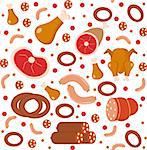 Meat products seamless pattern, flat style. Meats and sausage endless background, texture. Vector illustration.