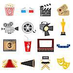 Cinema and Movie Flat Icons Set with popcorn, award, clapperboard, tickets. Isolated vector illustration.