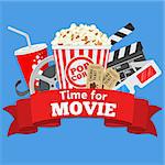 Cinema and Movie time flat icons with film reel, popcorn, paper cup, 3d glasses, clapperboard and rubbon, isolated vector illustration