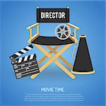Cinema and Movie time flat icons with film reel, director chair, loudspeaker, clapperboard, isolated vector illustration
