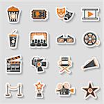 Cinema and Movie two color sticker Icons Set with popcorn, award, clapperboard, tickets and 3D glasses. vector illustration