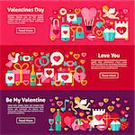 Valentines Day Web Horizontal Banners. Flat Style Vector Illustration for Website Header. Love Objects.