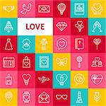 Vector Line Love Icons. Thin Outline Valentine Day Symbols over Colorful Squares.