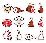 Food icons set - lamb meat, lamb chops collection isolated on white